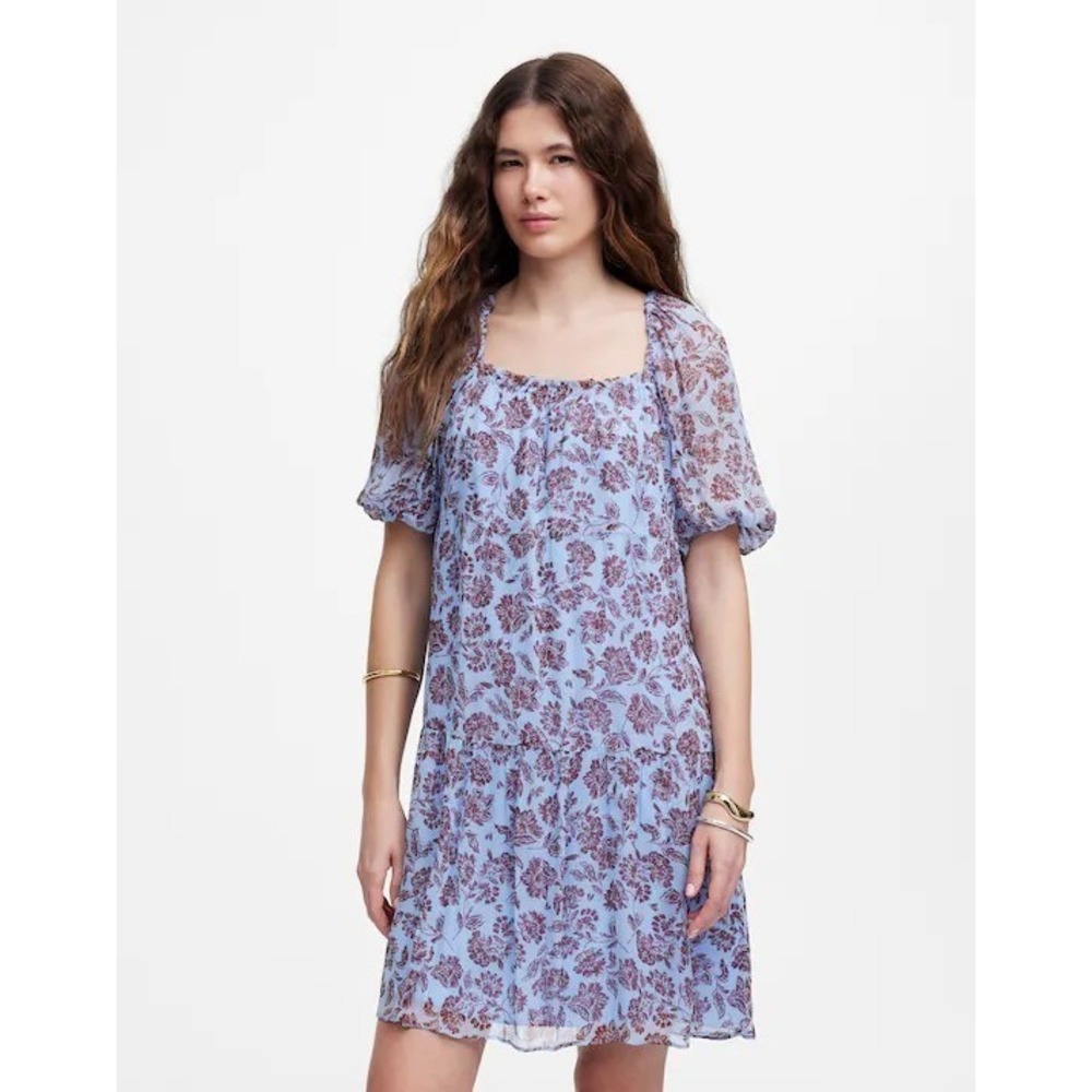 NWT Madewell Blue Brown‎ Floral Puff Sleeve Cute Flowy Swing Mini Dress Size 8